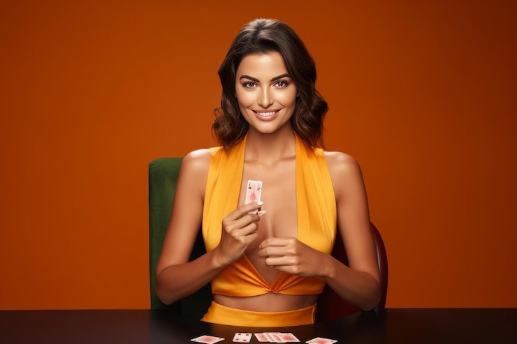 Live dealer in professional studio with gaming table and camera angles